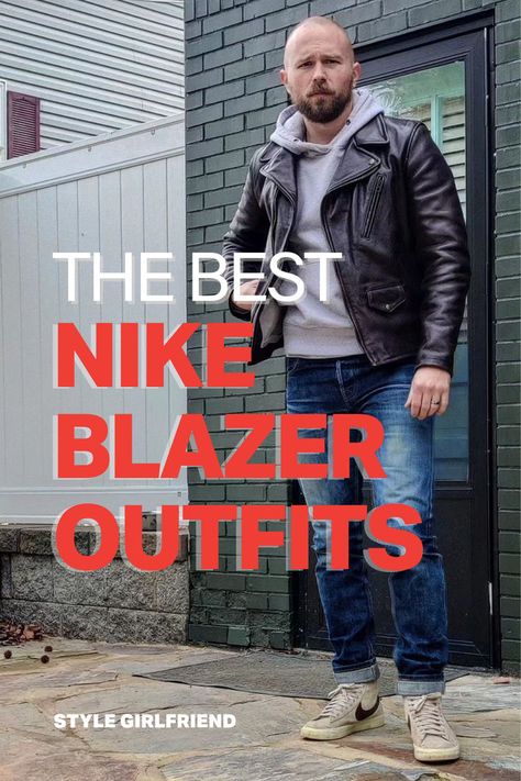 headline: the best Nike Blazer outfits, image: man in black leather jacket, grey hoodie sweatshirt, selvedge denim and Nike Blazer mid '77 sneakers Nike Blazer Mid Outfit, Nike Blazer Mid 77 Outfit Men, Blazer Mid Outfit, Blazer Outfits For Men, Blazer Mid 77 Outfit, Nike Blazer Mid 77 Outfit, Style Girlfriend, Outfits For Men, Nike Blazer Mid 77