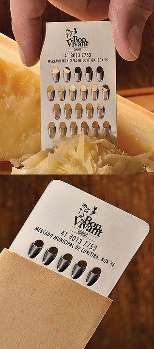 Bon Vivant. amazing idea creating a business card that doubles as a functional tool || Who'd have thought that a cheese grater could be a business card? Cheese Design, Business Car, Graphic Design Collection, Cheese Shop, Business Card Inspiration, Cheese Grater, Cool Business Cards, Unique Business Cards, Car Accessory