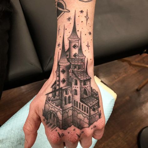 Castle Hand Tattoo, Castle Tattoo, Hand Tats, Leg Sleeve, Leg Sleeves, Hand Tattoo, Hand Tattoos, Geometric Tattoo, Tatting