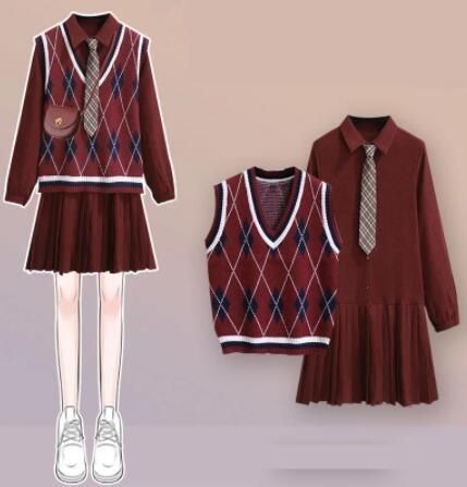 Pleated Dress Suit Burgundy Two piece Set Khaki Vest, Pleated Shirt Dress, Vest Set, High Road, Style Kawaii, Pleated Shirt, Blue Vests, Maid Dress, Style Preppy