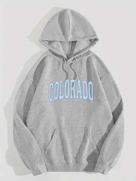 Letter Print Simple Hoodie, Versatile Drawstring Kangaroo Pocket Hoodies Sweatshirt, Women's Clothing - Temu Sweatshirt Women Casual, Letter Print Hoodie, Grey And Beige, Drawstring Hoodie, Grey Hoodie, Free Clothes, Letter Print, Long Sleeve Hoodie, Medium Length