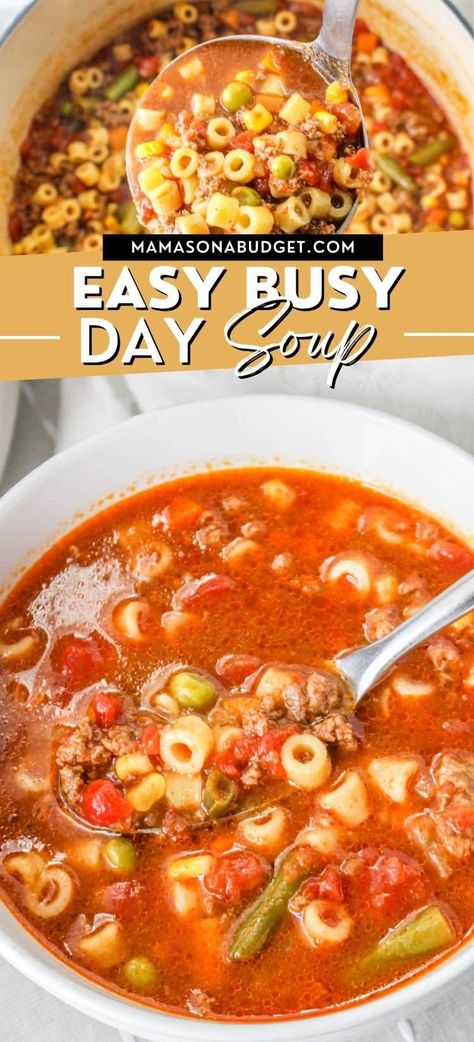 Easy Busy Day Soup, Soup Using Ditalini Pasta, Busy Day Soup Recipes Crockpot, Vegetable Beef Soup With Ditalini, Busy Day Hamburger Soup, Soup Recipes With Ditalini, Vegetable Soup With Ditalini, Ditalini Vegetable Soup, Ditalini Pasta Soup Recipes