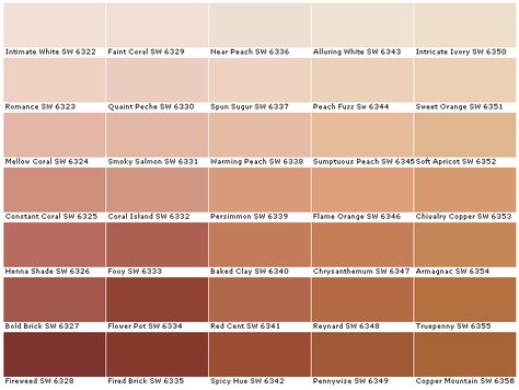 Sherwim Williams Paint Colors SW6322 Intimate White SW6323 Romance SW6324 Mellow Coral SW6325 Constant Coral SW6326 Henna Shade SW6327 Bold Brick SW6328 Fireweed SW6329 Faint Coral SW6330 Quaint Peche SW6331 Smoky Salmon SW6332 Coral Island SW6333 Foxy SW6334 Flower Pot SW6335 Fired Brick SW6336 Nearly Peach SW6337 Spun Sugar SW6338 Warming Peach SW6339 Persimmon Sedona House, Smoky Salmon, Intimate White, House Paints, Makeup Names, Office Update, Painting House, Paint Color Chart, Bathroom Paint