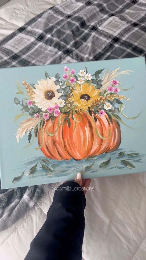 CAMILLA CREATIONS® on Reels | Natalie Barowitz · Pixie Dust Fall Pumpkin Canvas Painting, Seasonal Painting Ideas, October Paintings Canvas, Painting Fall Flowers, Fall Acrylic Painting Tutorial, Easy Thanksgiving Paintings, Pumpkin Canvas Painting Ideas, Cool Painted Pumpkins, Diy Fall Paintings On Canvas Easy