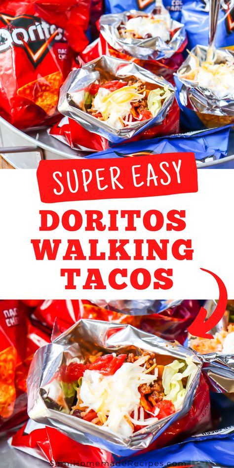 Doritos Walking Tacos - Easy and Mess Free! Fill these Doritos bags with all of your favorite taco toppings and dig in! Walking Desserts, College Dorm Food, Semi Homemade Recipes, Walking Tacos Recipe, Southern Comfort Food Recipes, Kids Lunch Box Meals, Tacos Easy, Easy Taco Recipes, Taco Toppings