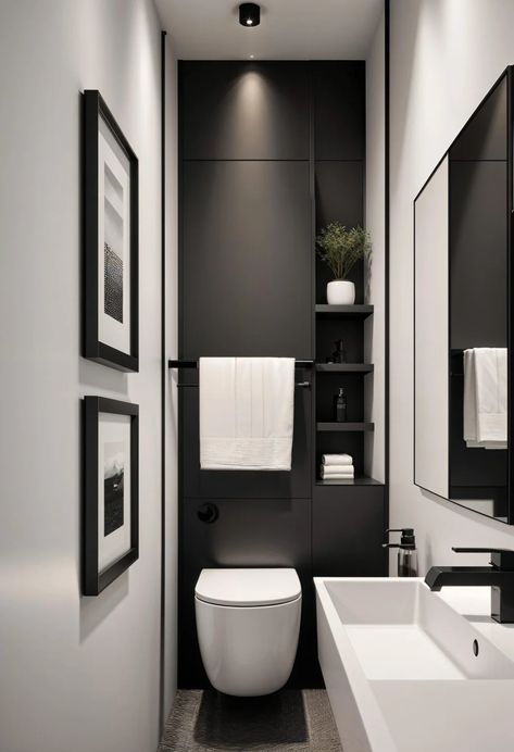 15 Genius Half Bathroom Decor Ideas 20 Stylish Small Bathroom Ideas, Toilet Room Design Ideas, Small Townhouse Ideas, Toilet Decorating Ideas Small, Half Bathroom Black And White, Black And White Bathroom Design Ideas, Half Bathroom Farmhouse, Black And White Toilet Room, Black Toilet Room