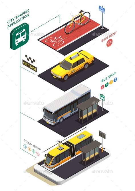 Public Transportation Isometric Concept Transportation Design Graphics, Transportation Design Sketch, Public Transport Illustration, Public Transportation Design, Public Transport Architecture, City Transportation, Transportation Poster, Isometric Illustration, Architecture Design Concept