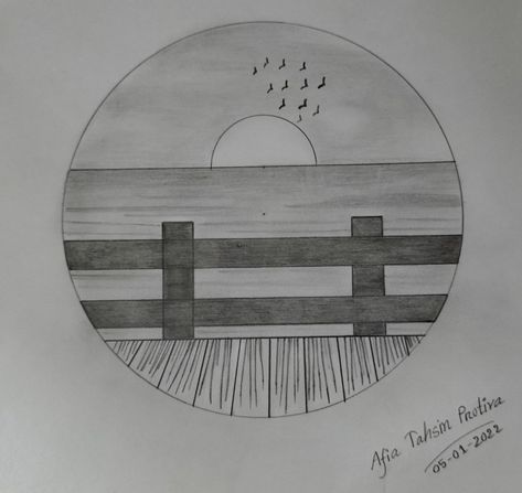 Bridge Scenery Drawing, Circle Drawings Easy, Sunset Drawing Pencil Sketch, Sunset Sketch, Scenery Sketch, Easy Nature Drawings, Simple Scenery, Easy Sketches For Beginners, Sunset Drawing