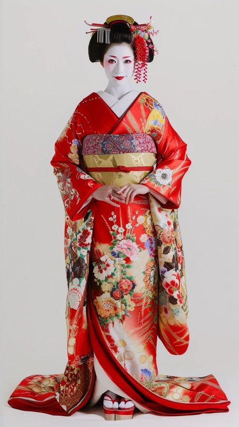 Geisha Outfit Kimonos, Geisha Dress Traditional Kimono, Geisha Kimono Traditional, Japanese National Costume, Kimono Culture, Concept Collage, Doll Illustration, Kimono Geisha, Geisha Kimono