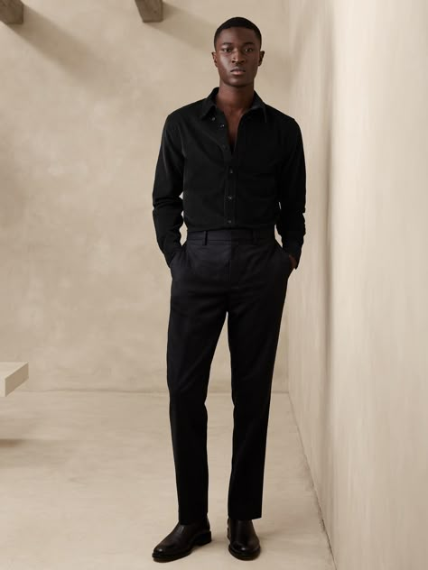 Black Outfits For Men Classy, Black Outfits Men Classy, Men’s Formal Attire, Mens Black Button Down Shirt Outfit, Black Outfit Men Casual Classy, Casual Cocktail Attire Men, All Black Dress Outfit Men, All Black Formal Outfit Men, All Black Wedding Guest Outfit Men