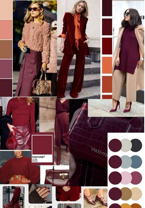 Color Theory Fashion Outfit, Red 2024 Fashion, Colours To Wear With Brown, Fall Winter Palette, Brick Red Color Palette Outfit, Cool Brown Outfit, Burgundy Color Block Outfit, Colors To Wear With Burgundy, Soft Autumn Burgundy