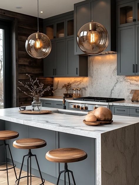 Discover the latest kitchen design with elegant grey cabinetry, marble counters, and chic pendant lighting. Perfect for a stylish home refresh! 🌟✨ #kitchendesign #homeremodel #modernkitchen Light Grey Marble Kitchen, Kitchens 2020 Trends, Kitchens 2020, Oak Kitchens, Grey Marble Kitchen, Trendy Kitchen Design, White Kitchen Interior, Canada Project, Lights Over Kitchen Island