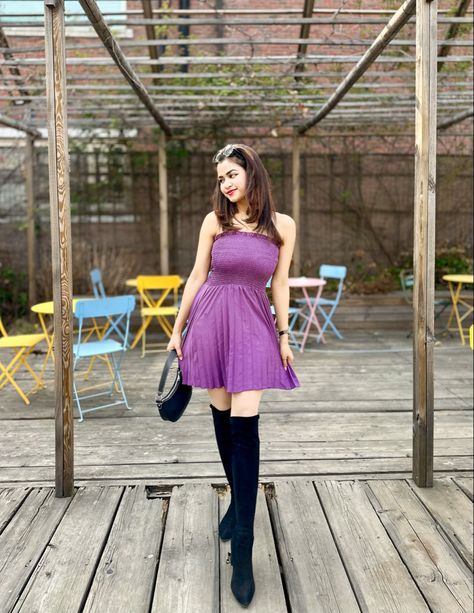 Solid purple tube dress paired with knee high boots to dress it up. Tube Dress With Boots, Tube Dress With Cardigan, Purple Tube Dress, Purple Knee High Boots, Djerf Avenue Tube Dress, Summer Party Outfit, Tube Dress, Summer Party, High Boots