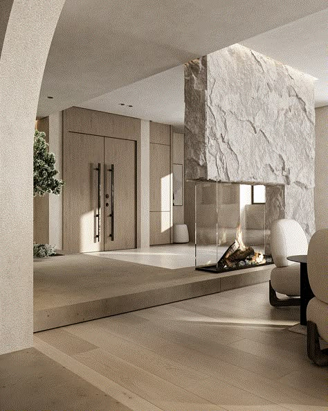 Staircase With Fireplace, Concrete Home Interior Design, European Modern Interior, Minimalist House, Indoor Fireplace, Stone Walls, Design Room, Dream House Interior, Modern Houses