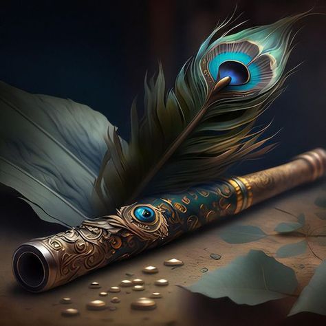 Realistic Lord Krishna flute with peacock feather Flute With Peacock Feather, Lord Krishna Flute, Feather Wallpaper, Krishna Flute, Pink Flowers Wallpaper, Pooja Room Door Design, Happy Janmashtami, Video Status, Feather Painting