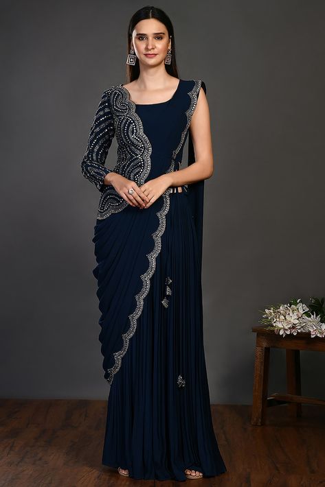 Explore Designer Saree Studio Online | Pernia's Pop-up Shop 2022 Plazzo Saree, Palazzo Saree, Trending Embroidery, Navy Blue Saree, Blue Blouse Designs, Unique Costumes, Ethnic Sarees, Blue Saree, Chaniya Choli