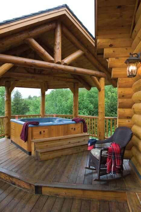 Sunday River Rustic Cabin Covered Hot Tub Log Cabin Living, Log Home Living, Log Cabin Ideas, Tub Cover, Log Cabin Kits, Hot Tub Cover, Log Home Decorating, Log Cabin Decor, Cabin Kits