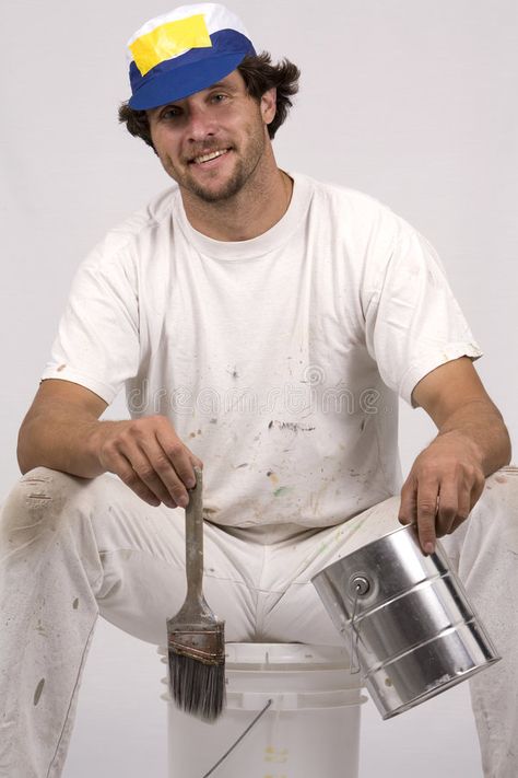 Painter. Young man working as painter, on isolated background wearing white outf , #Ad, #working, #painter, #man, #Painter, #Young #ad Atlas Painting, Painter Man, Branding Headshots, Female Painters, Man Working, Women's Shooting, White Outfit, Stock Photography Free, Working Woman