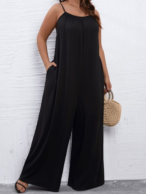 Plus Solid Wide Leg Cami Jumpsuit 2024 Wardrobe, Black Romper Shorts, Plus Jumpsuit, Plus Size Mini Dresses, Cami Jumpsuit, Midi Dress Plus Size, Plus Size Romper, Sheer Skirt, Scarf Dress