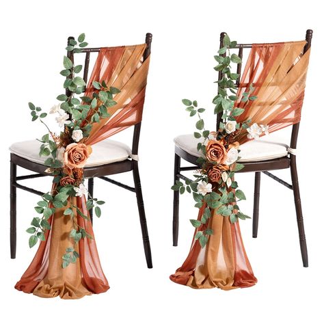 PRICES MAY VARY. WEDDING AISLE DECOR DETAILS: Set of 8 pre-made wedding aisle decoration flowers, 16 pcs runner drapes with ribbon, which helps to create your romantic spring, summer, fall autumn, winter wedding. Aisle suitable for four rows of guest seating. If there are more queues, it is recommended to purchase multiple copies. SUITABLE SIZE FOR CHAIRS: The wedding chair flower decor is 24" L x 10" W, and the chair sash is 96" L x 8" W. EASY TO USE: First, install the chiffon fabric on the ch Hiasan Perkahwinan, Pew Flowers, Wedding Chair Sashes, Pew Decorations, Wedding Chair Decorations, Arch Flowers, Wedding Aisle Decorations, Wedding Chair, Party Outdoor