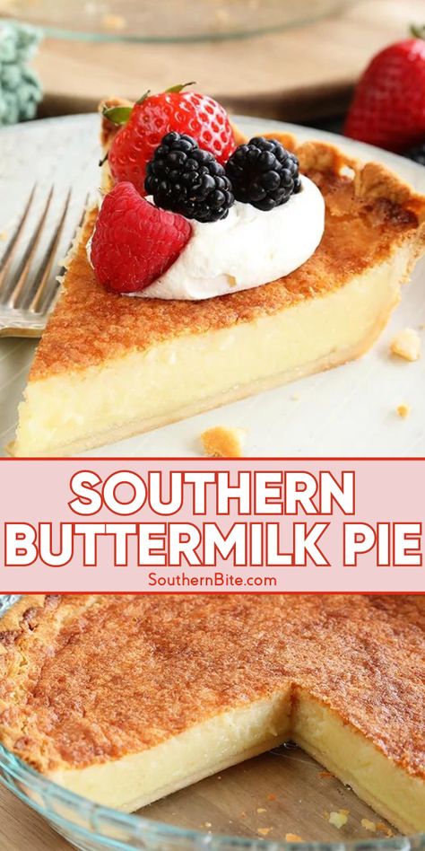 This classic Southern dessert has a creamy, custard filling with a caramelized top that gives it the perfect crunch! I love it served with fresh whipped cream and berries! Thanksgiving Desserts Apple, Southern Buttermilk Pie, Buttermilk Pie Recipe, Dessert Pie Recipes, Pie Thanksgiving, Buttermilk Pie, Thanksgiving Desserts Easy, Southern Desserts, Buttermilk Recipes