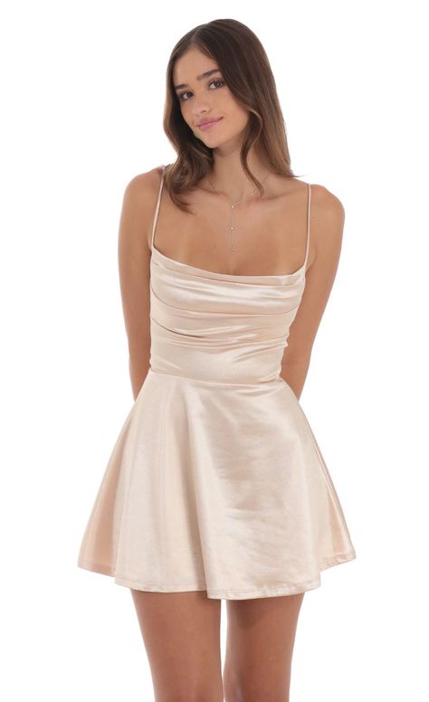 Satin Cowl Neck Dress in Champagne | LUCY IN THE SKY Silk Homecoming Dress, Snowball Dresses, Winter Dance Dresses, Satin Cowl Neck Dress, Cute Hoco Dresses, Bat Mitzvah Dresses, Semi Dresses, Cute Formal Dresses, School Dance Dresses