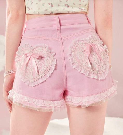 Sweetness Contrast Lace Bow Decor Denim Shorts | SHEIN USA - Google Chrome Cute Pastel Outfits, Cute Kawaii Outfits, Kawaii Shorts, Women Denim Shorts, Style Kawaii, Lace Pocket, Pastel Outfit, Concept Clothing, Rose Bonbon