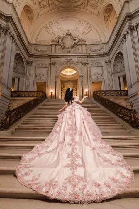 Long Tail Quince Dress, Princess Themed Quinceanera, Quince Inspo Pictures, Quinseñeras Ideas Vestidos, Coquette Quinceañera Theme, Quince Colors Ideas, Quince Pink Dresses, Pink Debut Theme, Quinseñeras Dress