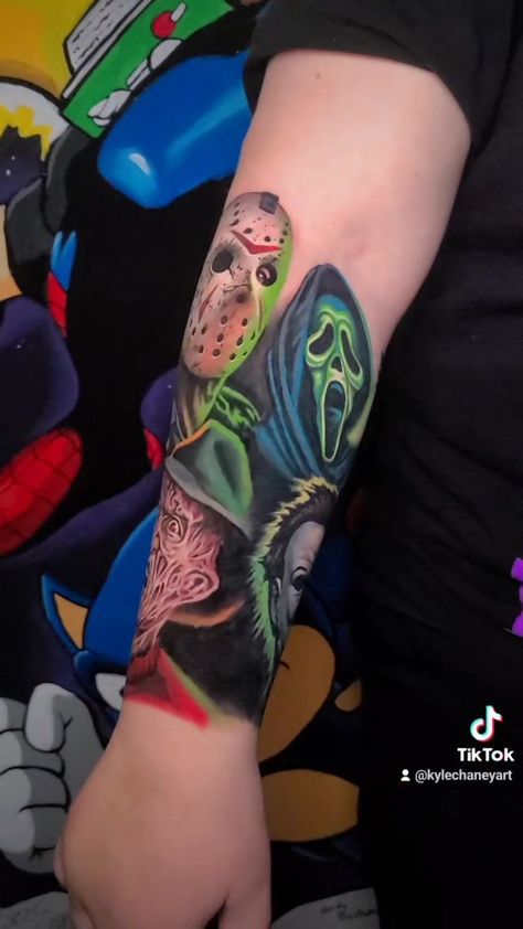 179K views · 13K reactions | By Artist Kyle Chaney I had a blast working on Jason and Freddy today! 4 hours total. Super pumped about how the Ghostface and Michael Myers tattoos... | By Studio 405 Tattoos & Art | Facebook Jason Freddy Michael Myers Chucky Tattoo, Jason Voorhees Tattoo Stencil, Horror Movie Tattoos Leg Sleeve, Micheal Myers Tattoo Design, Michael Myers Tattoos, Idk Tattoo, Ghostface And Michael Myers, Jason Vorhees Tattoo, Micheal Myers Tattoo