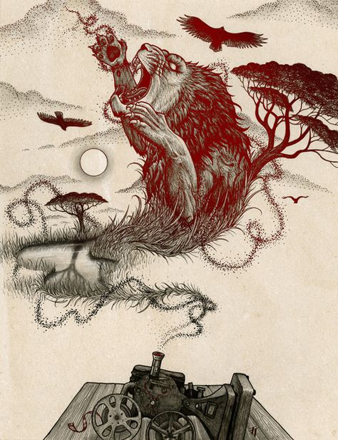 Illustration based off of Ray Bradbury’s short story, The Veldt    http://jaredtuttle.tumblr.com/ Ray Bradbury Illustration, The Veldt, Ray Bradbury, Long Live, Short Story, Projector, Short Stories, Etching, Turning