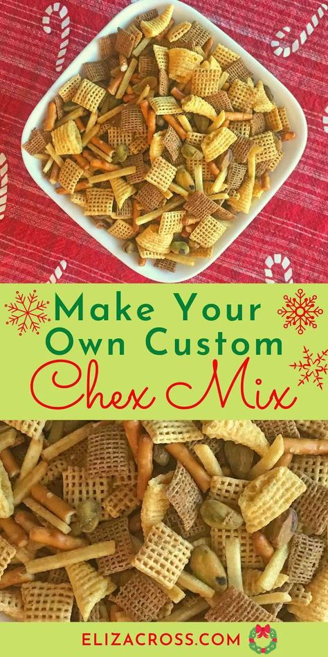 A square bowl of Chex mix on top, and a close up of custom Chex mix with pistachios, potato sticks and Bugles. Cheese Chex Mix Recipes, Chex Mix Snacks, Bugles Snack Mix, Savory Chex, Chex Mix Recipes Original, Original Chex, Chex Party Mix, Chex Mix Recipe, Puppy Chow Recipes