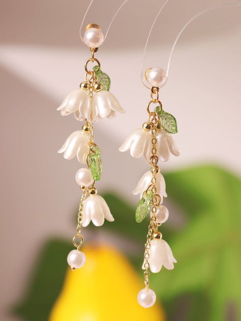 Multicolor Fashionable Collar  Plastic   Embellished   Women's Fashion Jewelry Lily Valley, Anting Manik, White Fairy, Earrings Summer, Long Tassel Earrings, Flower Decor, Earrings Unique, Earrings White, Pearl Flower