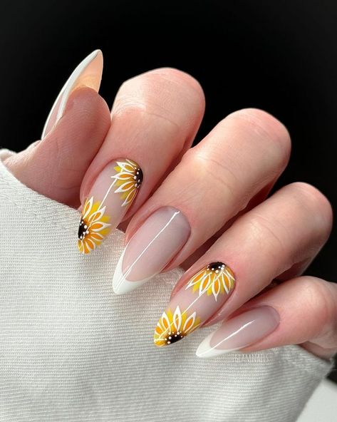 23 Ideas for Fall Sunflower Nails 2024 | Cute Designs, Acrylic, Art & More Almond Nails Designs Sunflower, Sunflower Nails Wedding, Nail Ideas With Sunflowers, Sunflower Nails For Wedding, Sunflower French Nails, Bee And Sunflower Nails, Fall Daisy Nails, Yellow Winter Nails, November Color Nails