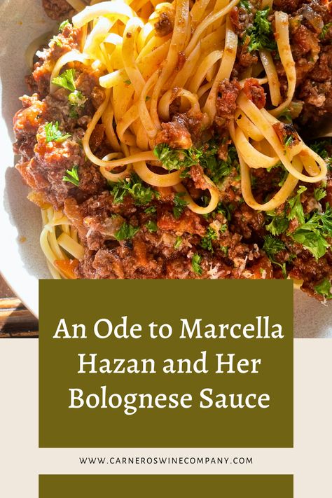 An Ode to Marcella Hazan and Her Bolognese Sauce: In this post, I would like to highlight her most popular recipe, Bolognese. With the long cook time and simple ingredients, it is the perfect recipe for a gathering of loved ones, or my personal favorite, save a bit to put on toast in the morning with a runny egg and freshly grated parmesan on top. Pair it with the Vermentino and a simple dandelion greens and red wine vinaigrette salad with shredded parmesan on top for a perfect meal. Marcella Hazan Recipes, Marcella Hazan, Dandelion Greens, Runny Eggs, Red Wine Vinaigrette, Vinaigrette Salad, Bolognese Sauce, Wine Food Pairing, Red Sauce