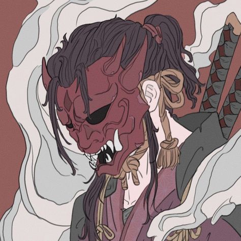 Oni Mask Character Design, Japanese Oni Mask Drawing, Oni Mask Pfp, Oni Samurai Art, Oni Reference, Samurai Mask Drawing, Oni Mask Anime, Oni Mask Wallpaper, Japanese Mask Drawing