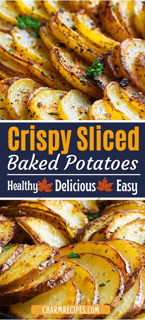 How to Make Perfectly Crispy Sliced Baked Potatoes Half Potatoes Baked, Crispy Potatoes Slices, Bake Sliced Potatoes In Oven, Slices Potatoes In The Oven, Oven Roasted Potato Slices, Potatoes Slices In Oven, How To Cook A Baked Potato, Patotoes Recipes Ovens, Slice Potatoes In Oven