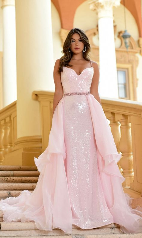 Long sequin formal dress with a sweetheart neckline, spaghetti straps, and a removable a-line chiffon overskirt that attaches at the waistline. Sleeveless Prom Dress, Pageant Hair, Prom 2024, Embellished Belt, Sequin Formal Dress, Long Formal Dress, Dresses Fall, Organza Skirt, Prom Long