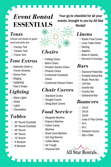 Worried about forgetting something for your upcoming event? All Star Rental has your back! Check out our new Rental Essential Checklist to make sure you have everything to make your event a hit! Find even more great products at AllStarRentals.net! Rental Checklist, Event Space Business, Event Planning Board, Event Venue Business, Party Rental Ideas, Party Rentals Business, Event Rental Business, Event Space Design, Event Checklist