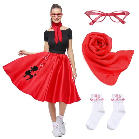 PRICES MAY VARY. 4 Pcs 50s Vintage Costume Set-Package Comes with all about 50s dress-up,includes a women's poodle skirt,a sheer chiffon scarf,a pair of cute stretchy white socks and a cat eye glasses. There are three sizes:S/M(skirt length 24.8"),L/XL(skirt length 25.6"),PLUS(skirt length 26.4"),fit women of all shapes and sizes.The poodle skirt features an elastic waistband,to provide a suitable,comfirtable wear.Four colors to choose:pink,red,blue,purple. Made of 100% polyester，the surface of 50’s Costumes, 50s Themed Party Ideas, 50s Dress Up, Skirt With Scarf, 1950s Costumes, Sock Hop Costumes, 1950s Poodle Skirt, 50s Costume, 1950s Costume