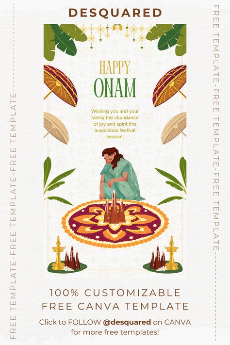 A free happy onam greeting designed on Canva with traditional Kerala elements like pukalam (pookkalam), onathappan, olakkuda, banana leaf and vilakku. It can be downloaded easily from Desquared's profile on Canva Onam Lunch Invite, Onam Templates, Onam Creatives, Onam Illustration, Onam Poster Design, Onam Aesthetic, Onam Poster, Content Editing, Onam Greetings