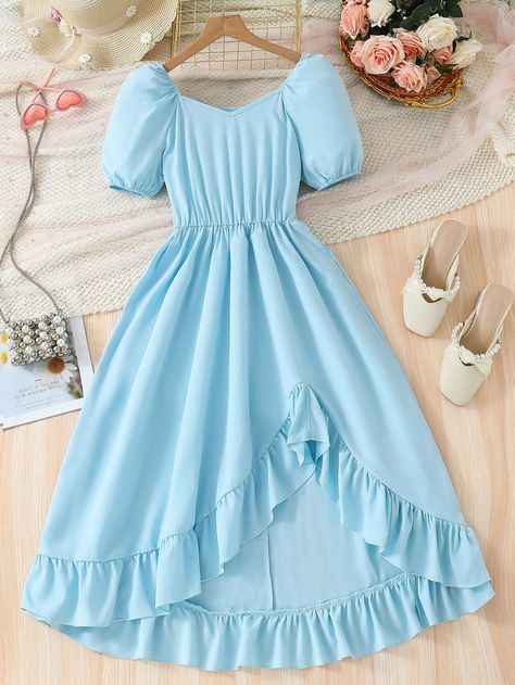 Baby Blue Cute Collar Short Sleeve Polyester Plain A Line Embellished Non-Stretch  Teen Girls Clothing Square Neck Puff Sleeve Dress, Puff Long Sleeve Dress, Cute Blue Dresses, Dress Outfits Party, Cute Formal Dresses, Baby Blue Dresses, Cute Dress Outfits, Teen Girl Dresses, Dress Design Patterns