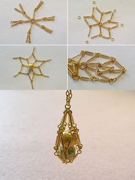 Cool golden pendant necklace, like it? LC.Pandahall.com will publish the tutorial soon.      #pandahall Handmade Necklace Tutorial, Necklaces Tutorial, Sulam Manik, Holiday Hacks, Cage Necklace, Golden Pendant, Pola Gelang, Wire Jewelry Designs, Necklace Tutorial