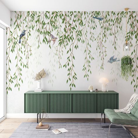 Grey Wallpaper Bedroom, Pink And Grey Wallpaper, Hanging Leaves, Grey And White Wallpaper, Birds Tropical, Modern Room Design, Ivy Wall, Modern Wallpaper Designs, Bedroom Murals