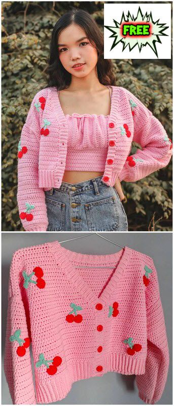 Cherry Cardigan Crochet, Crop Top Cardigan Crochet, Cute Cardigan Crochet Pattern, Crochet Crop Top Cardigan Pattern Free, Crop Top Crochet Sweater, Free Cropped Cardigan Crochet Pattern, Crochet Crop Top Cardigan, 3d Crochet Cardigan, Crochet Cardigan Cute