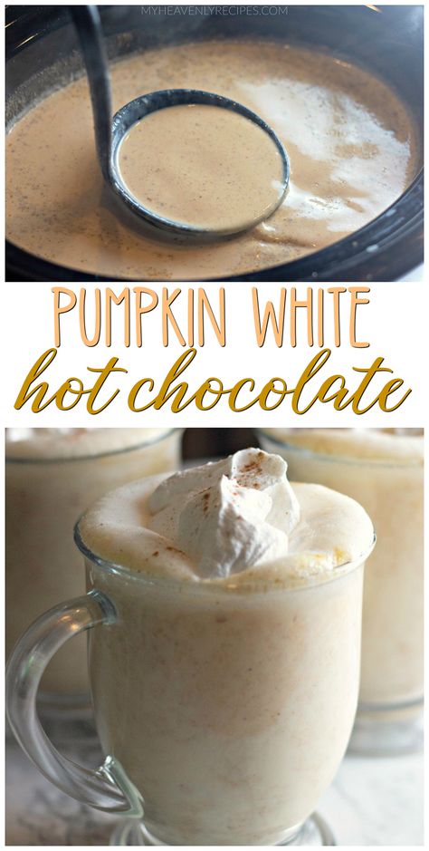 Hot Chocolate Slow Cooker, Fall Party Drinks, Pumpkin White Hot Chocolate, Slow Cooker Drinks, Fall Hot Chocolate, Pumpkin Drinks, White Hot Chocolate, Winter Drinks, Hot Chocolate Recipes