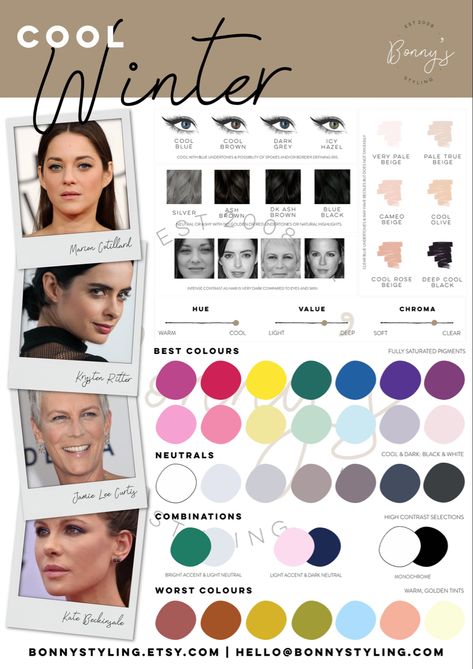 A Color palette for people with cool winter colouring Winter Color Analysis, Color Analysis Winter, Winter Skin Tone, True Winter Color Palette, Cool Winter Color Palette, Deep Winter Palette, Deep Winter Colors, Clear Winter, Mode Tips