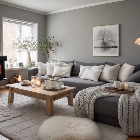 Gray Sofa Styling Inspiration.#gray #sofa #decor #pillows #idea Living Room Grey And Cream, Apartment Decor With Gray Couch, Living Room Grey Designs, Living Room Designs Grey Flooring, Grey Loveseat Living Room Ideas, Light Gray Living Room Furniture, Beige Wall Grey Couch, Grey Walled Living Room, Gray Tones Living Room