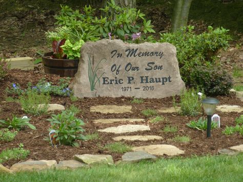 Our memorial garden for our son, featuring a custom made stone. Pet Memorial Garden Ideas, Memorial Garden Ideas, Memorial Landscape, Pet Cemetary, Herb Garden Boxes, Pet Garden, Garden Memorial, Memory Garden, Memorial Gardens