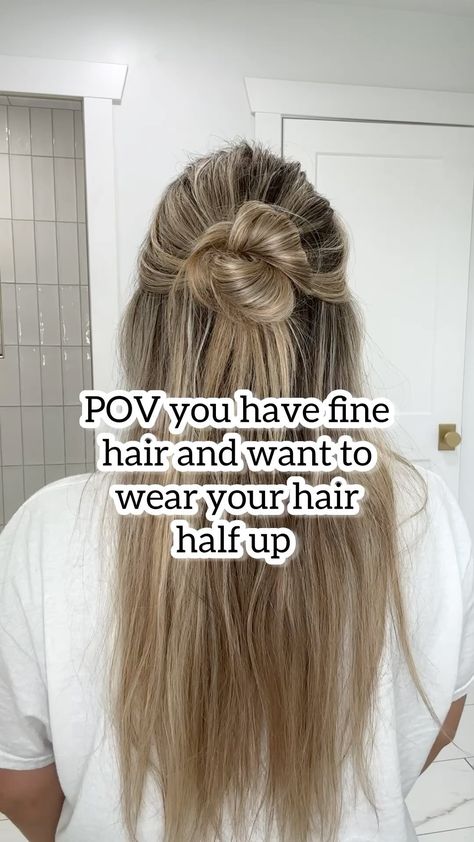 Instagram Long Hairstyles Thin Hair, Fine Hair Updo Easy, Long Fine Hair, Half Bun Hairstyles, Thin Hair Updo, Half Up Bun, Half Bun, Long Thin Hair, Hair Half Up