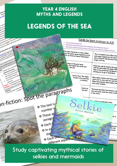 Using captivating mythical stories of selkies and mermaids, children use higher level reading skills and write their own sea myths. Set out and punctuate dialogue and use paragraphs. Year 4 children study Selkie by Gillian McClure and Can You Catch a Mermaid? by Jane Ray.  #year4 #ks2 #keystage2 #english #englished #literacy #myths #legends #selkie #spag Sea Myths, Year 4 English, Mythical Stories, Third Grade Books, Mythical Sea Creatures, English Units, Michael Morpurgo, Homeschooling Resources, Grade Book